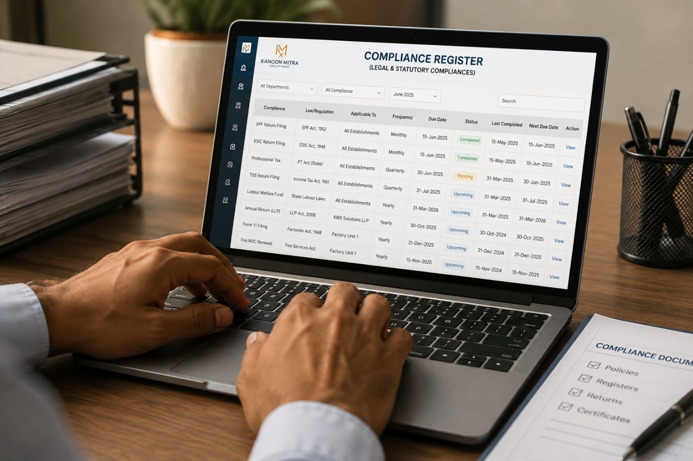 Compliance register generated on screen