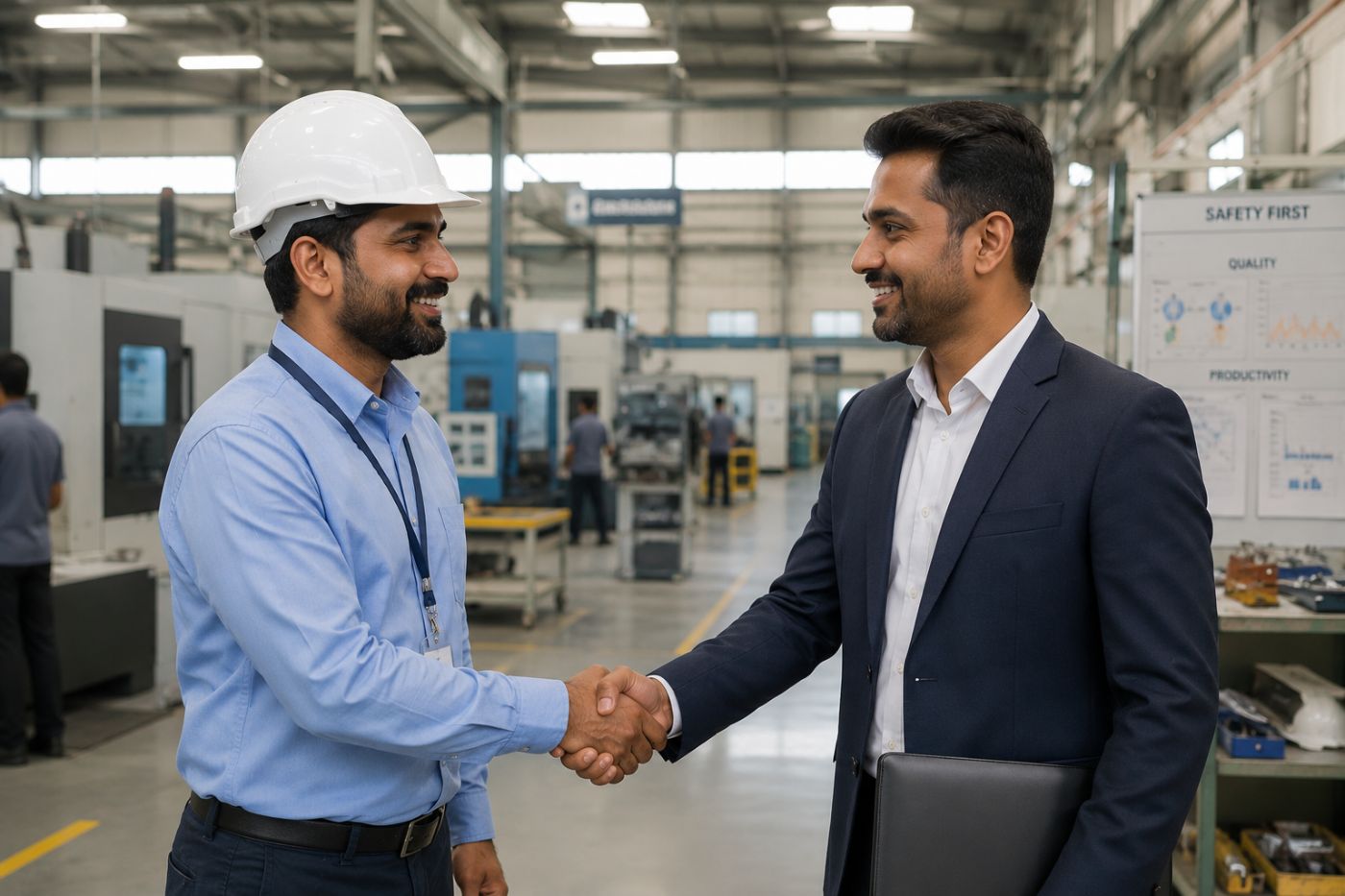 Consultant and factory manager confirming compliance is in order