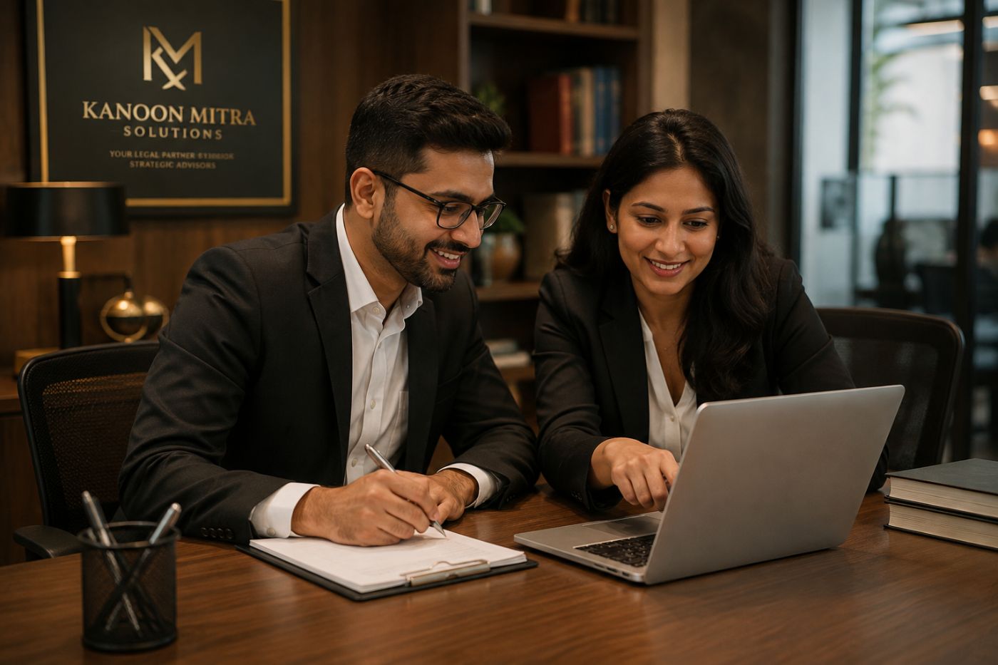 Kanoon Mitra Solutions consultants reviewing a compliance document