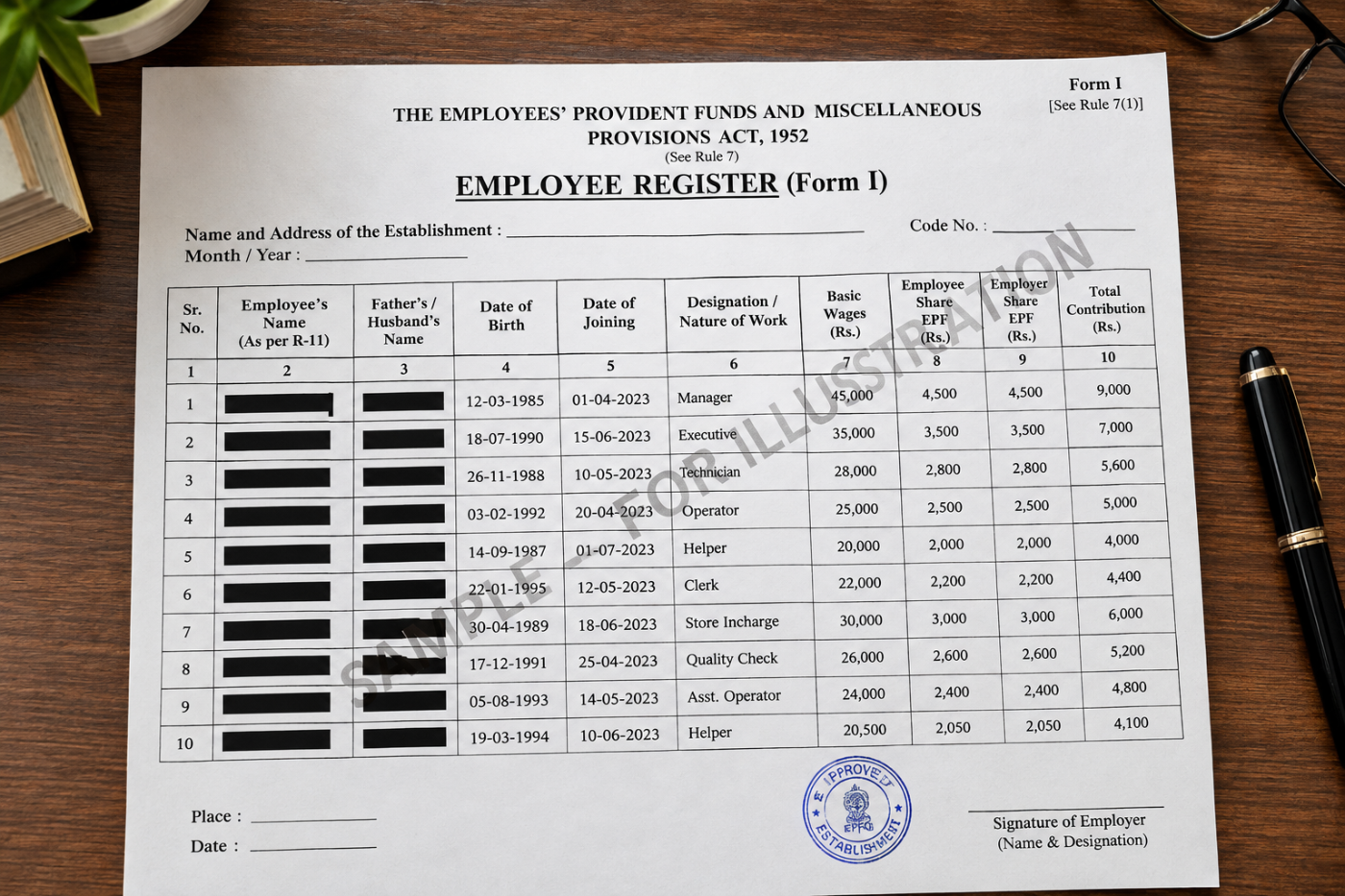 Sample redacted Employee Register, Form I