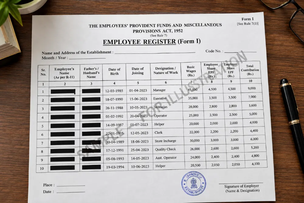 Sample redacted Employee Register, Form I