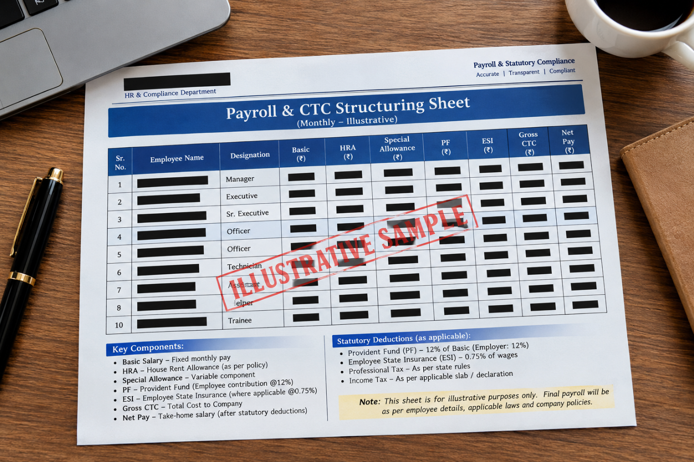 Sample redacted Payroll and CTC Structuring Sheet